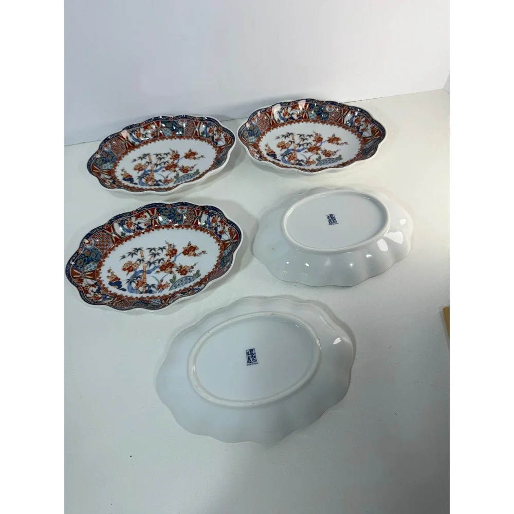 Japanese Arita Imari Porcelain Oval Scalloped Bowls Bamboo Floral Set of 5 Japan